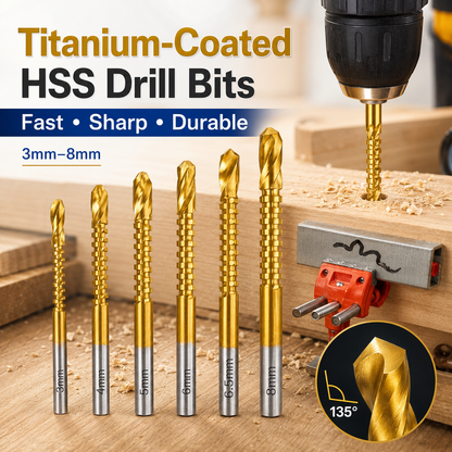 🔥50% OFF TODAY💪6-Piece 3–8mm Titanium Drill Bits⚡ Built for Metal, Wood & Plastic