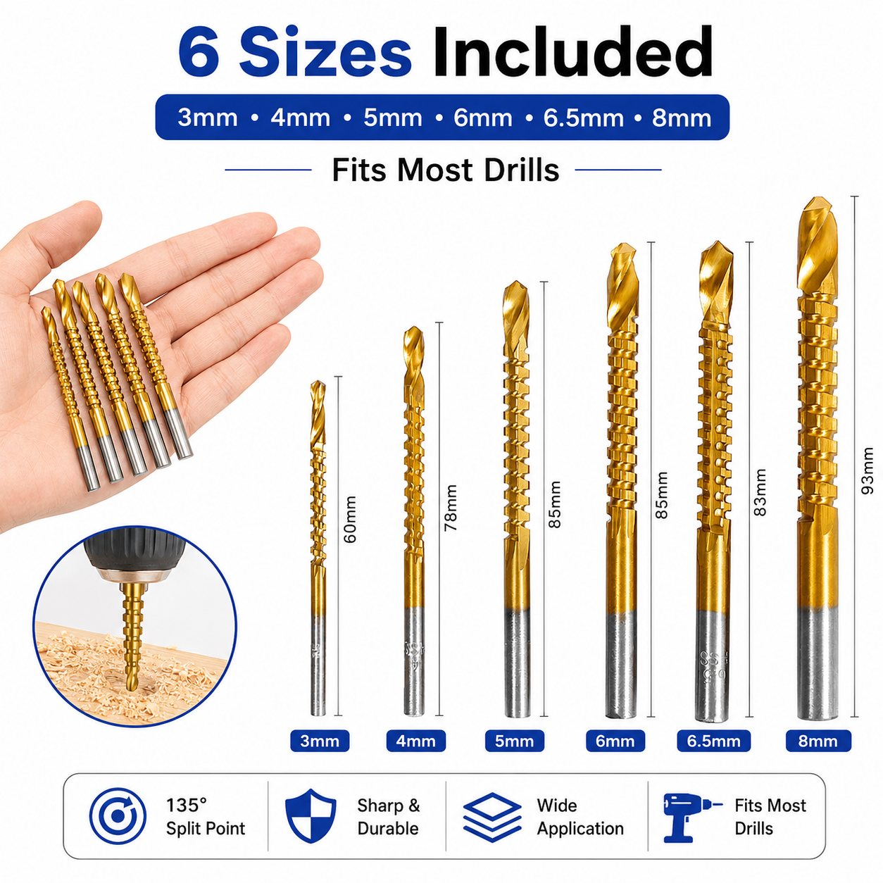 🔥50% OFF TODAY💪6-Piece 3–8mm Titanium Drill Bits⚡ Built for Metal, Wood & Plastic
