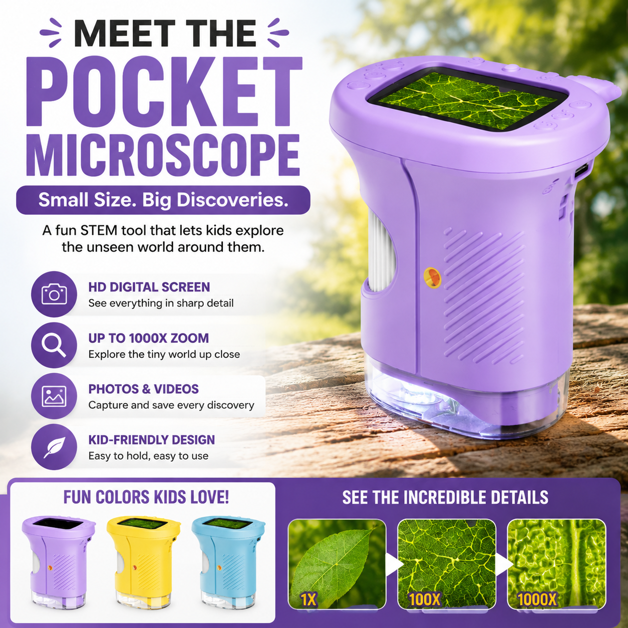 🔥HOT SALE 55%OFF🔬 1000X Handheld Microscope for Kids with 4K 2.0" Screen – Turn Screen Time Into Discovery