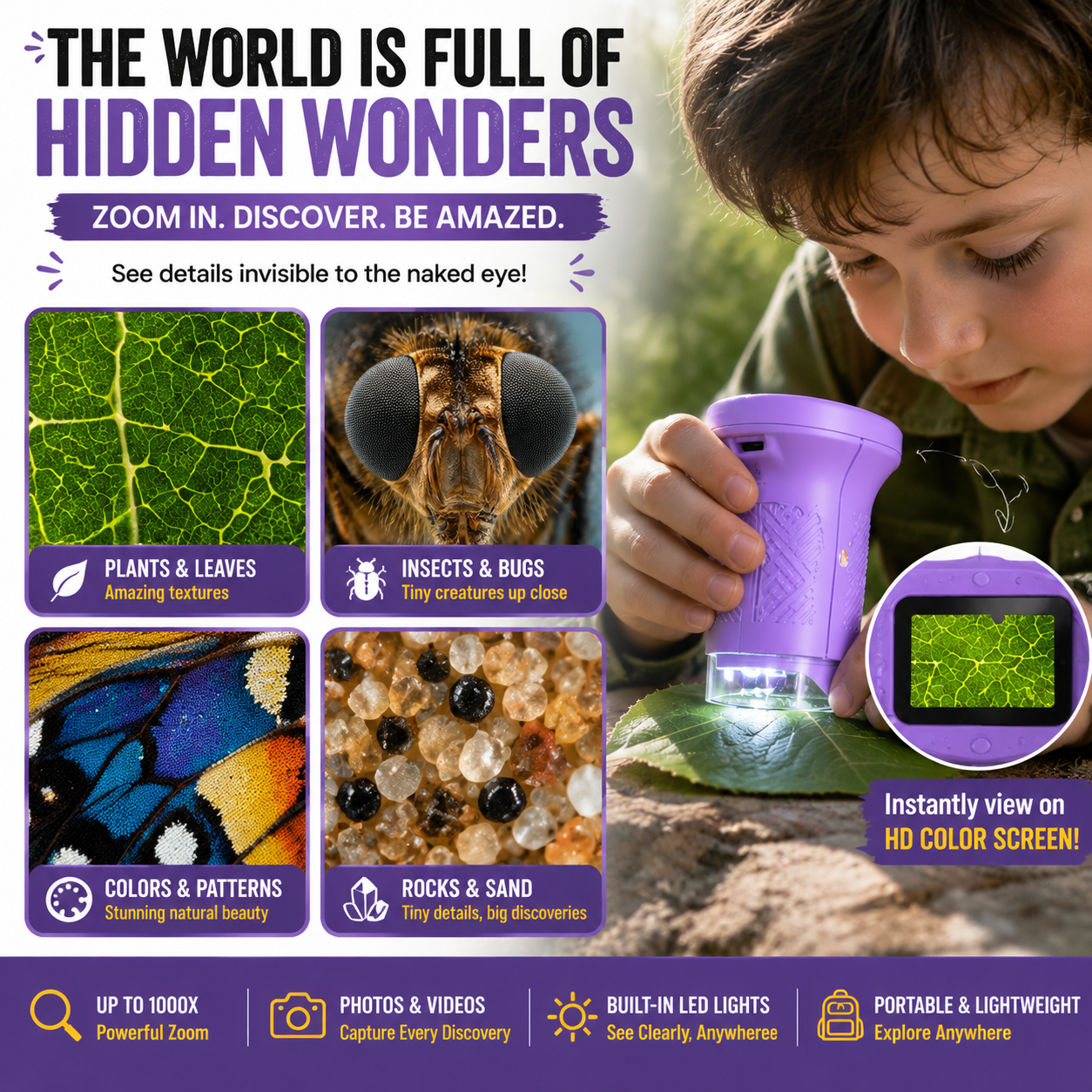 🔥HOT SALE 55%OFF🔬 1000X Handheld Microscope for Kids with 4K 2.0" Screen – Turn Screen Time Into Discovery
