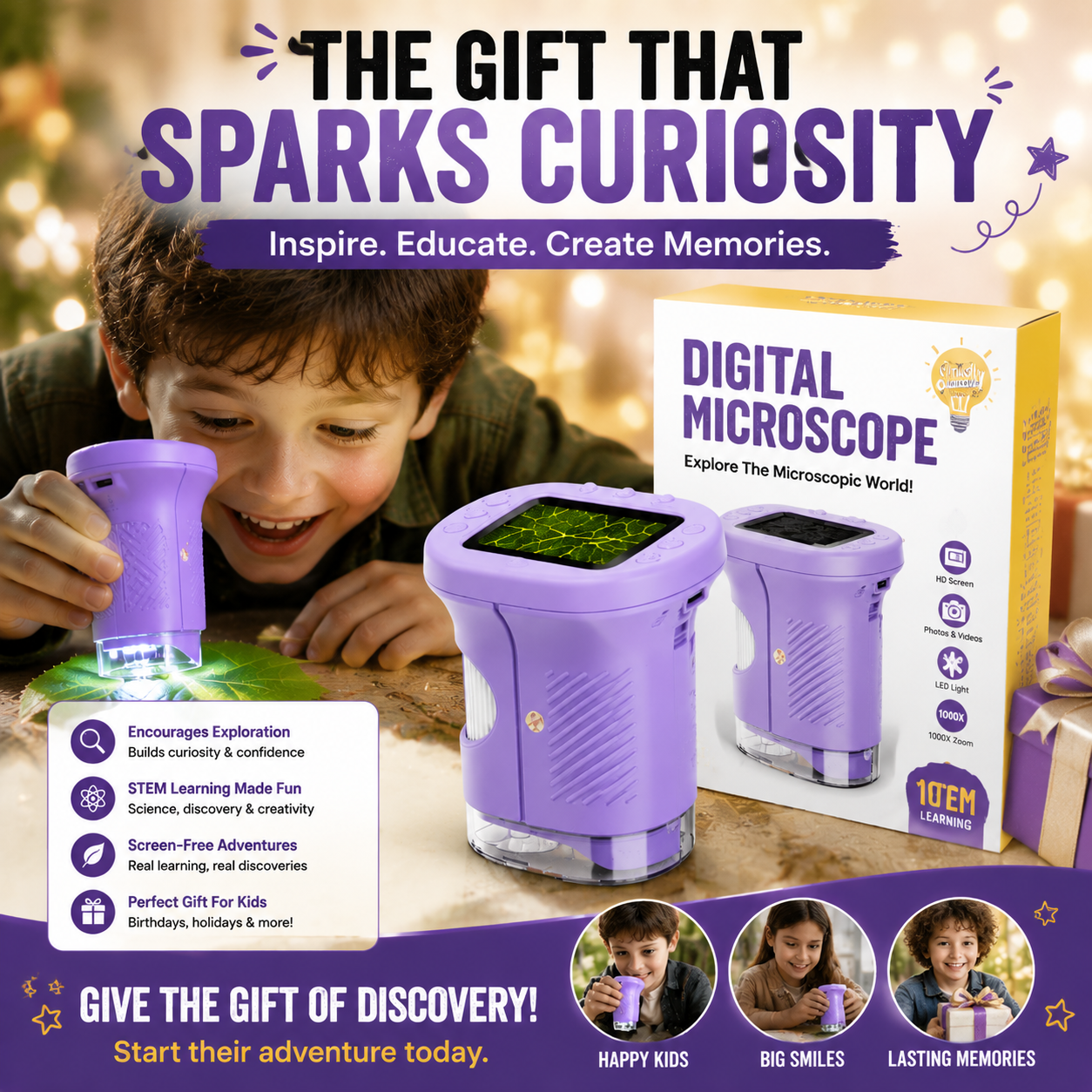 🔥HOT SALE 55%OFF🔬 1000X Handheld Microscope for Kids with 4K 2.0" Screen – Turn Screen Time Into Discovery