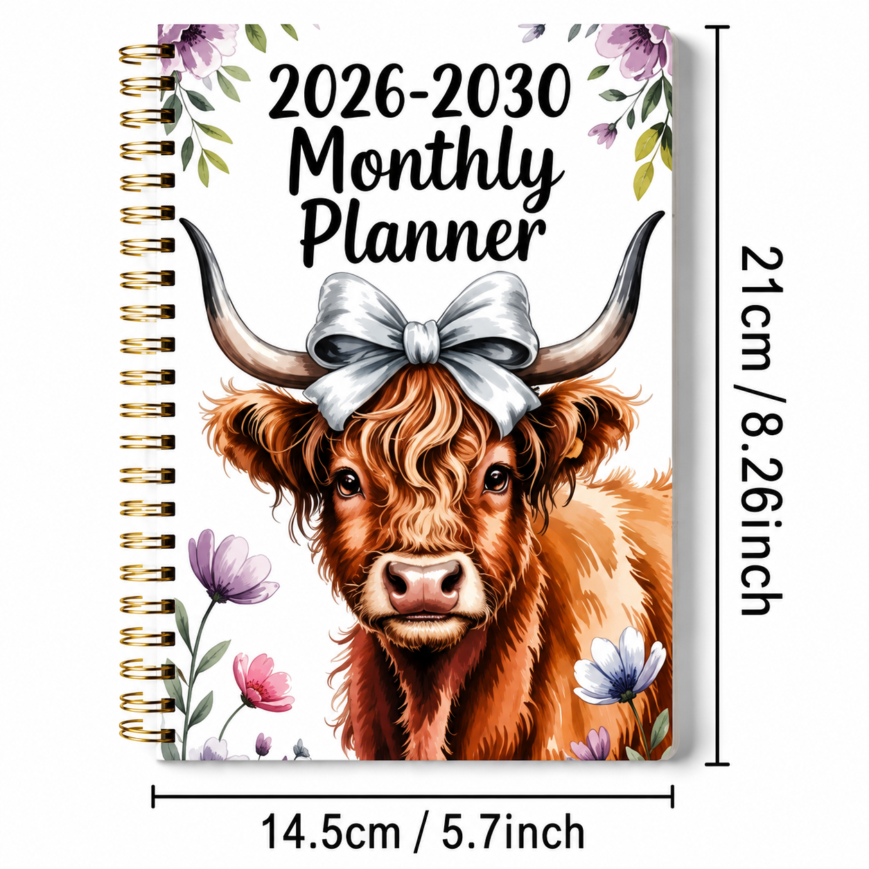 🐮 2026-2030 Calendar 📅  - From January 2026 to December 2030, 5-year calendar, cartoon Highland cow themed cover design, annual calendar planning, month labels, 60-month calendar