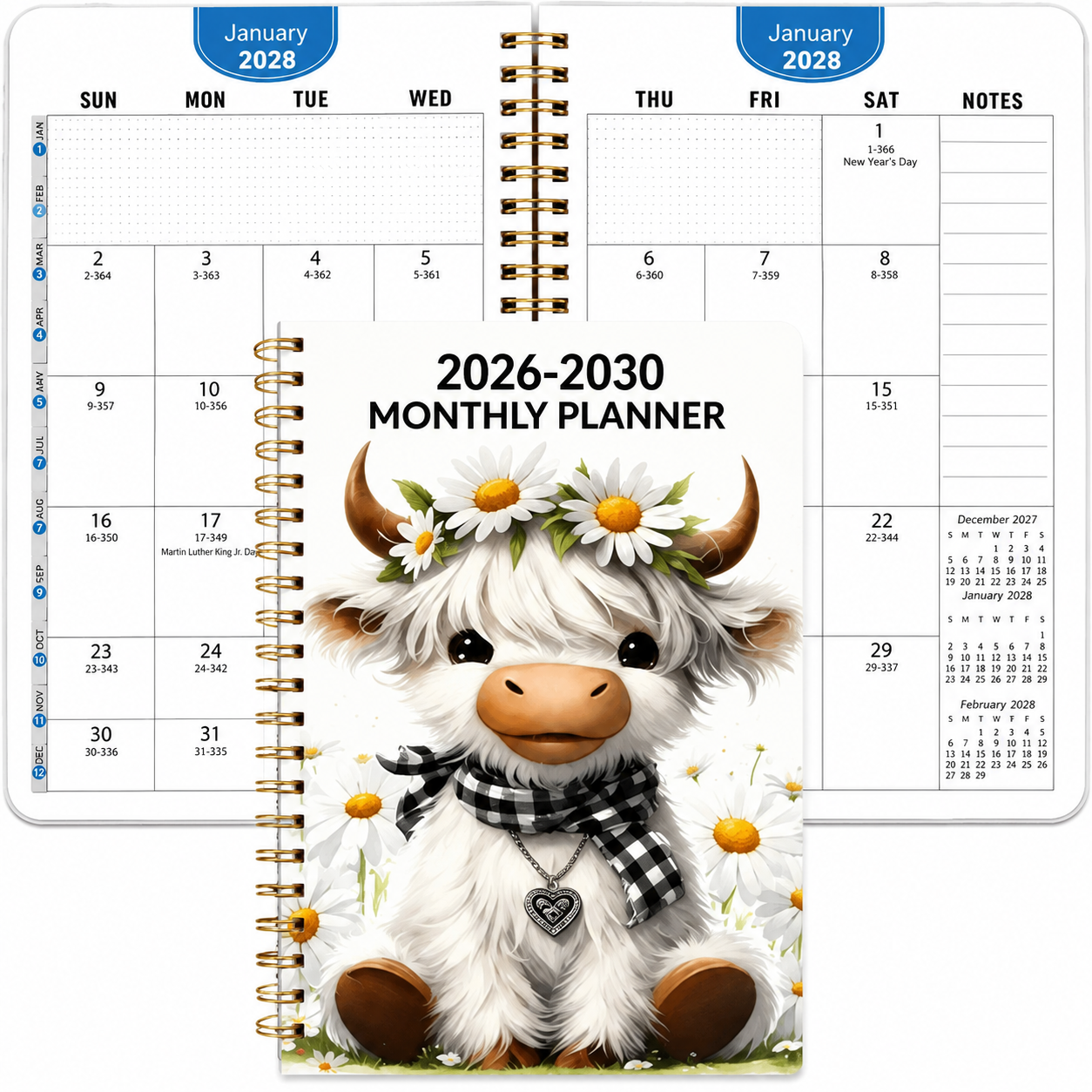 🐮 2026-2030 Calendar 📅  - From January 2026 to December 2030, 5-year calendar, cartoon Highland cow themed cover design, annual calendar planning, month labels, 60-month calendar