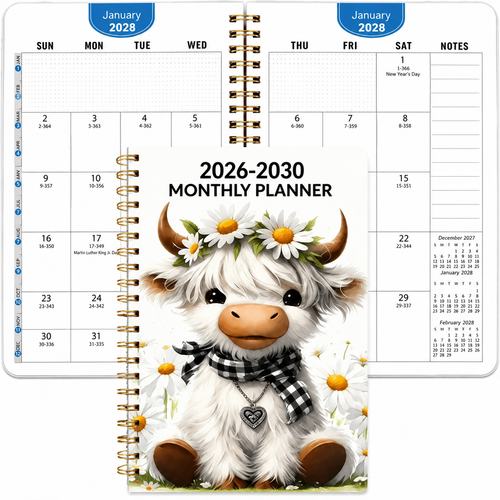 🐮 2026-2030 Calendar 📅  - From January 2026 to December 2030, 5-year calendar, cartoon Highland cow themed cover design, annual calendar planning, month labels, 60-month calendar