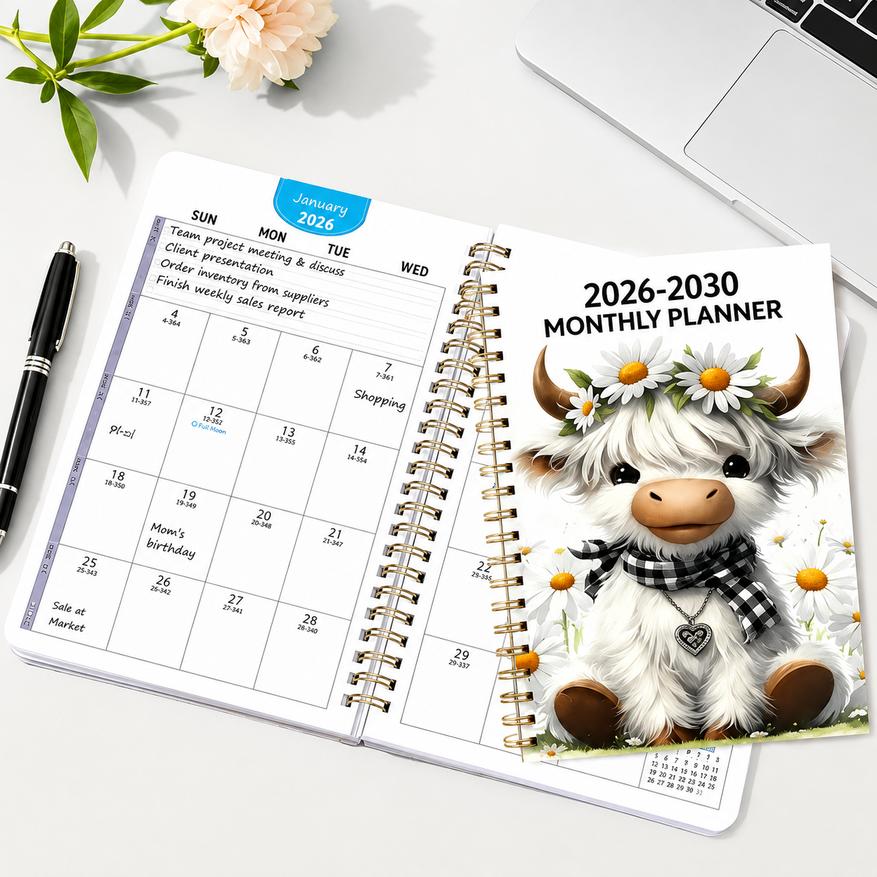 🐮 2026-2030 Calendar 📅  - From January 2026 to December 2030, 5-year calendar, cartoon Highland cow themed cover design, annual calendar planning, month labels, 60-month calendar