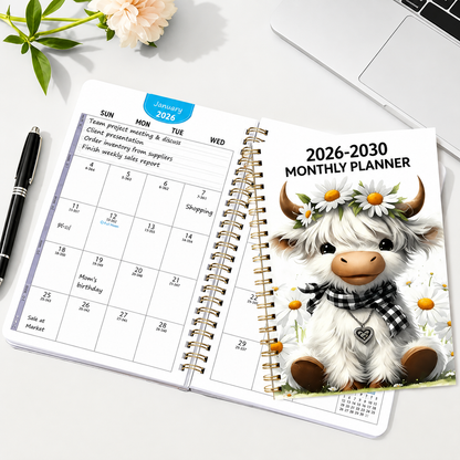 🐮 2026-2030 Calendar 📅  - From January 2026 to December 2030, 5-year calendar, cartoon Highland cow themed cover design, annual calendar planning, month labels, 60-month calendar