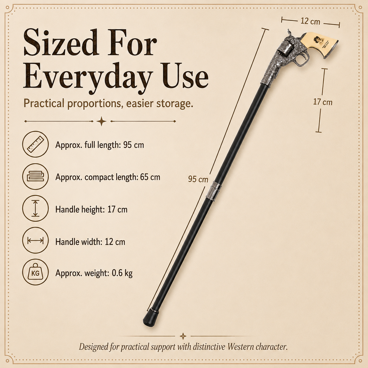 🤠 Vintage Western Walking Cane – Revolver-Inspired Handle
