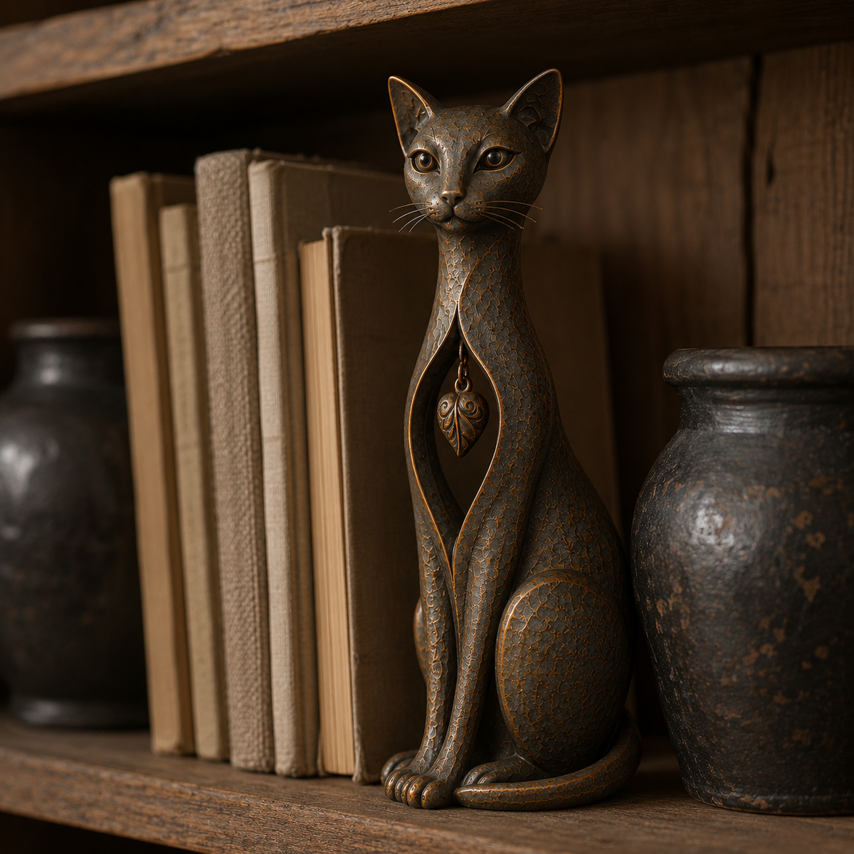 🔥Vintage Bronze Cat Sculpture with Hanging Leaf Charm