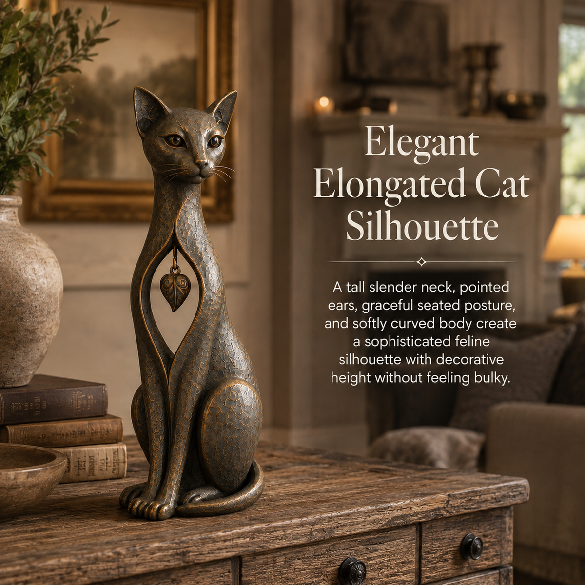 🔥Vintage Bronze Cat Sculpture with Hanging Leaf Charm