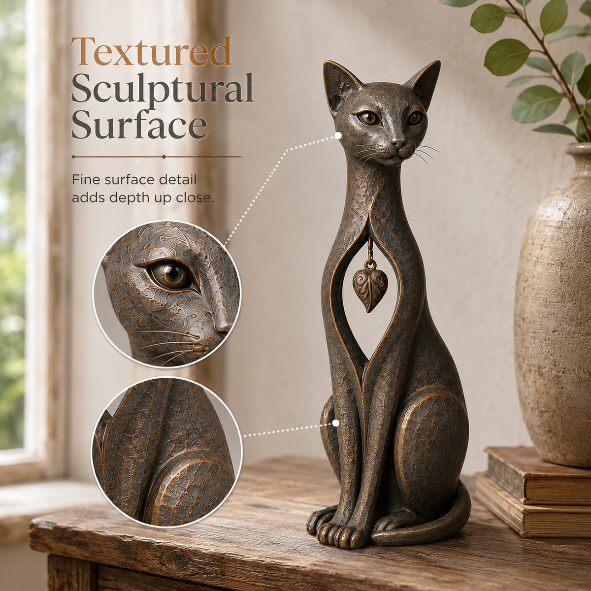 🔥Vintage Bronze Cat Sculpture with Hanging Leaf Charm