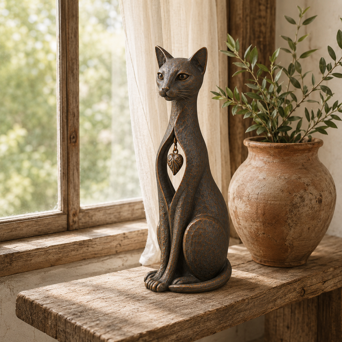 🔥Vintage Bronze Cat Sculpture with Hanging Leaf Charm