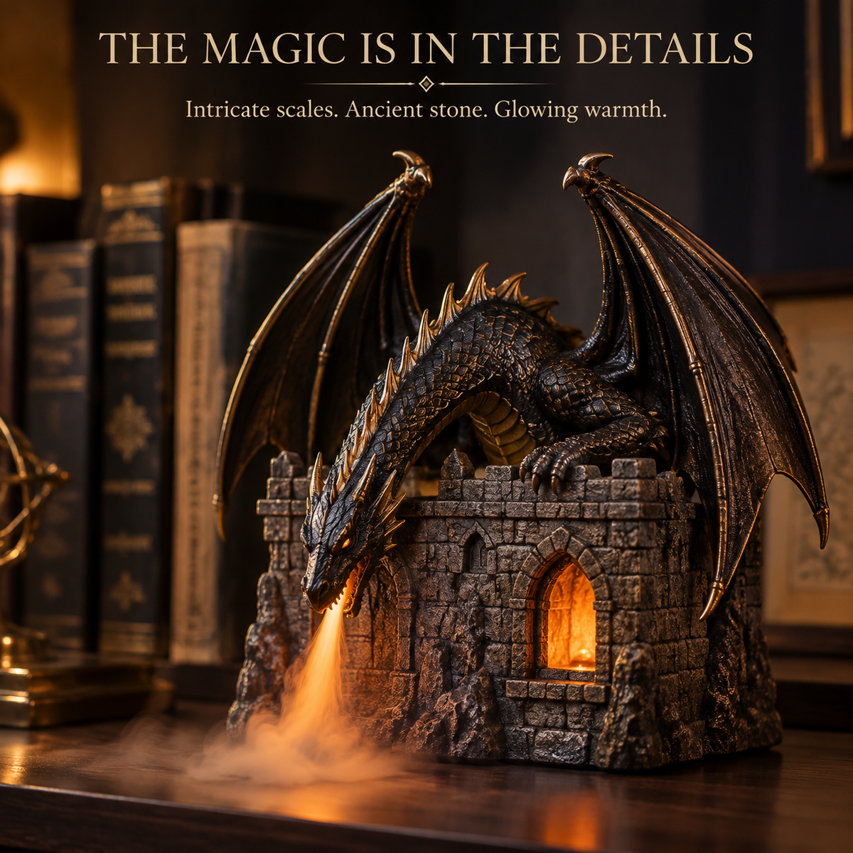 🐉🔥 MistWyrm™ Dragon Flame Mist Diffuser – Gothic Castle Decor, Glowing Ember Mist & Fantasy Bookshelf Display