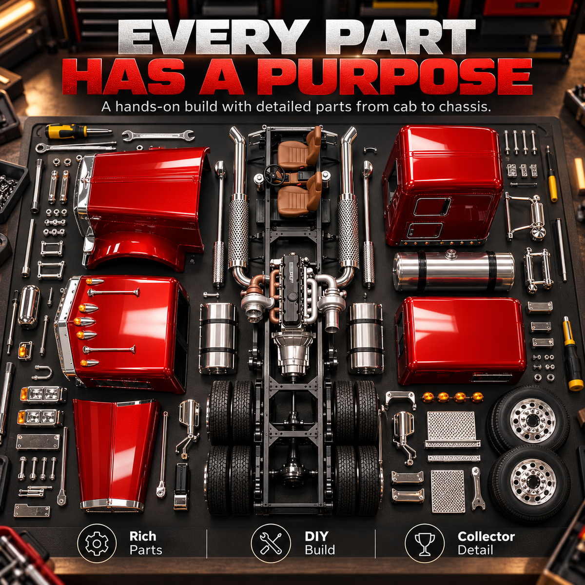 🚛 Candy Apple Red American Truck Model Kit – Build Your Own Classic Semi Truck