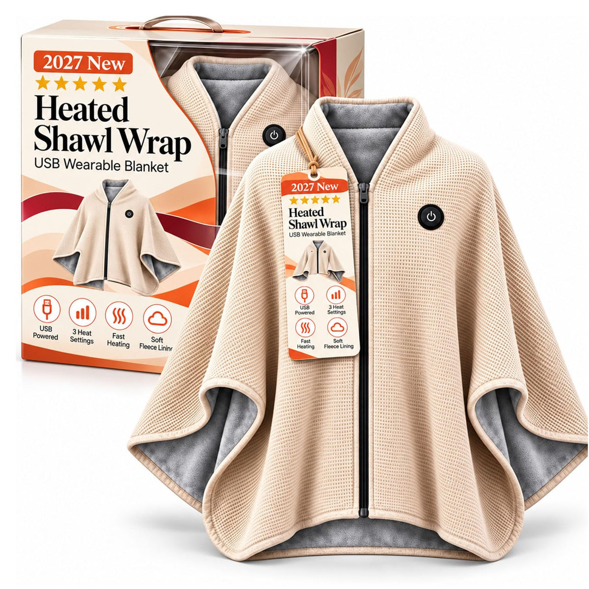 🔥 2027 Heated Shawl Wrap for Women – USB-Powered Wearable Heated Blanket with 3 Heat Settings, Soft Flannel Cape, Zipper & Pockets 🎁