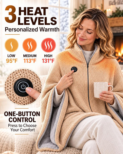 🔥 2027 Heated Shawl Wrap for Women – USB-Powered Wearable Heated Blanket with 3 Heat Settings, Soft Flannel Cape, Zipper & Pockets 🎁