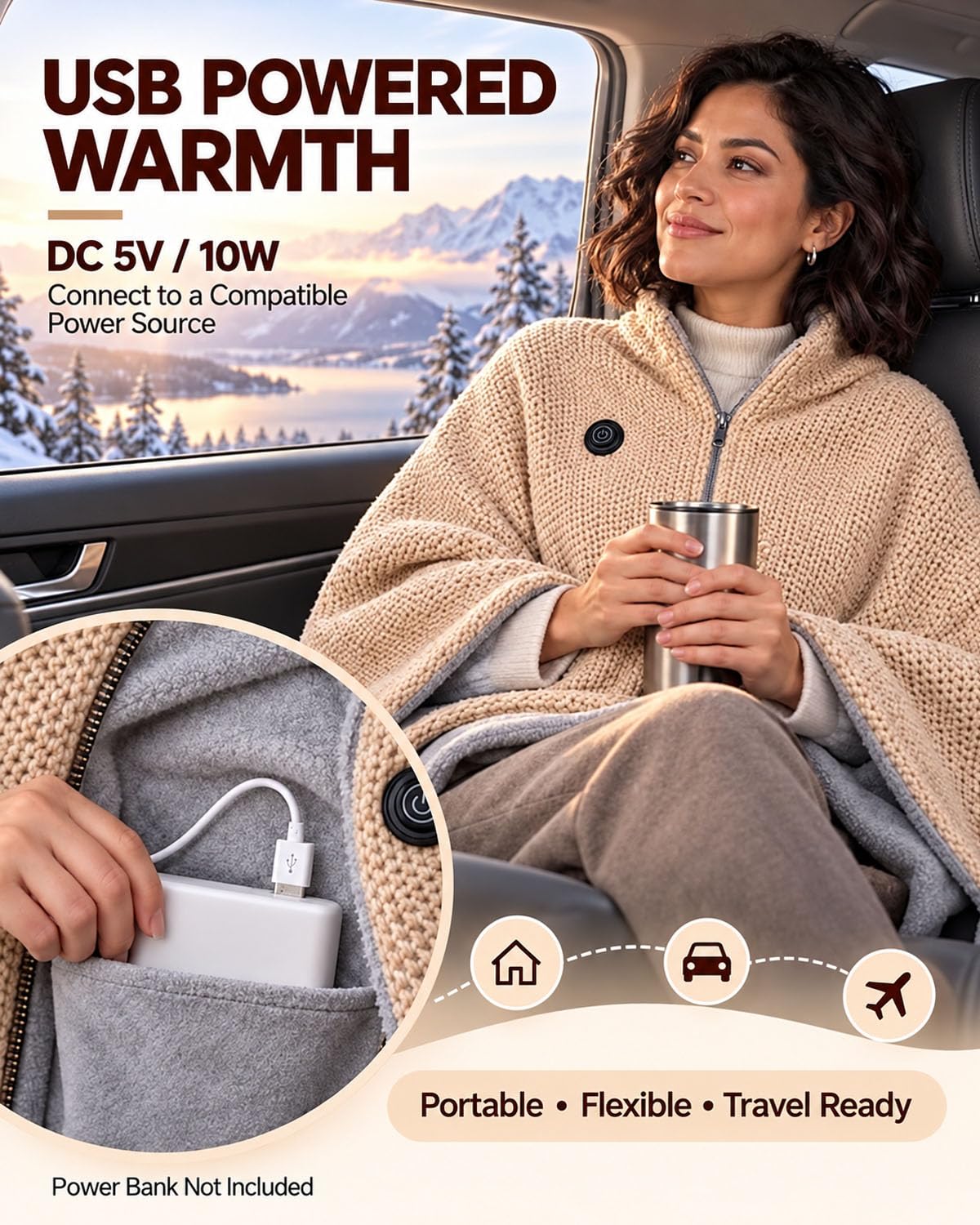 🔥 2027 Heated Shawl Wrap for Women – USB-Powered Wearable Heated Blanket with 3 Heat Settings, Soft Flannel Cape, Zipper & Pockets 🎁