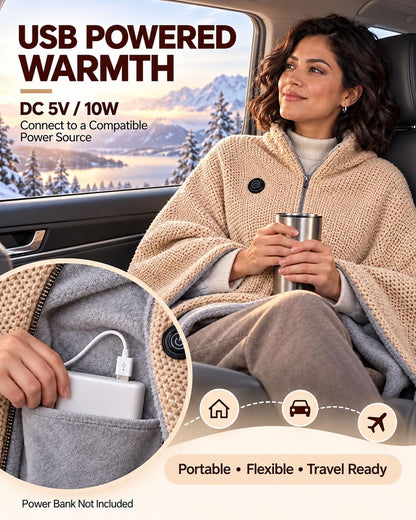 🔥 2027 Heated Shawl Wrap for Women – USB-Powered Wearable Heated Blanket with 3 Heat Settings, Soft Flannel Cape, Zipper & Pockets 🎁