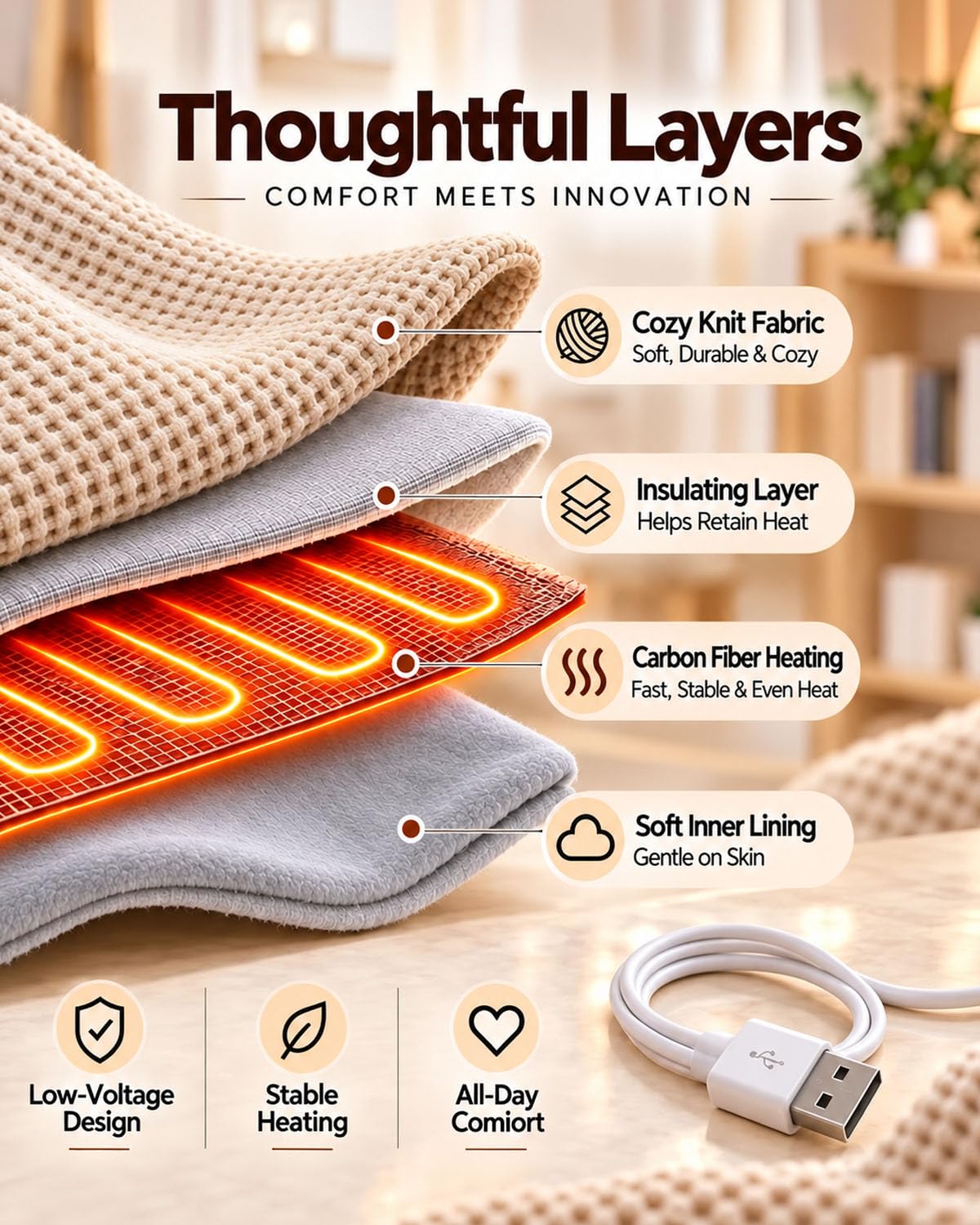 🔥 2027 Heated Shawl Wrap for Women – USB-Powered Wearable Heated Blanket with 3 Heat Settings, Soft Flannel Cape, Zipper & Pockets 🎁