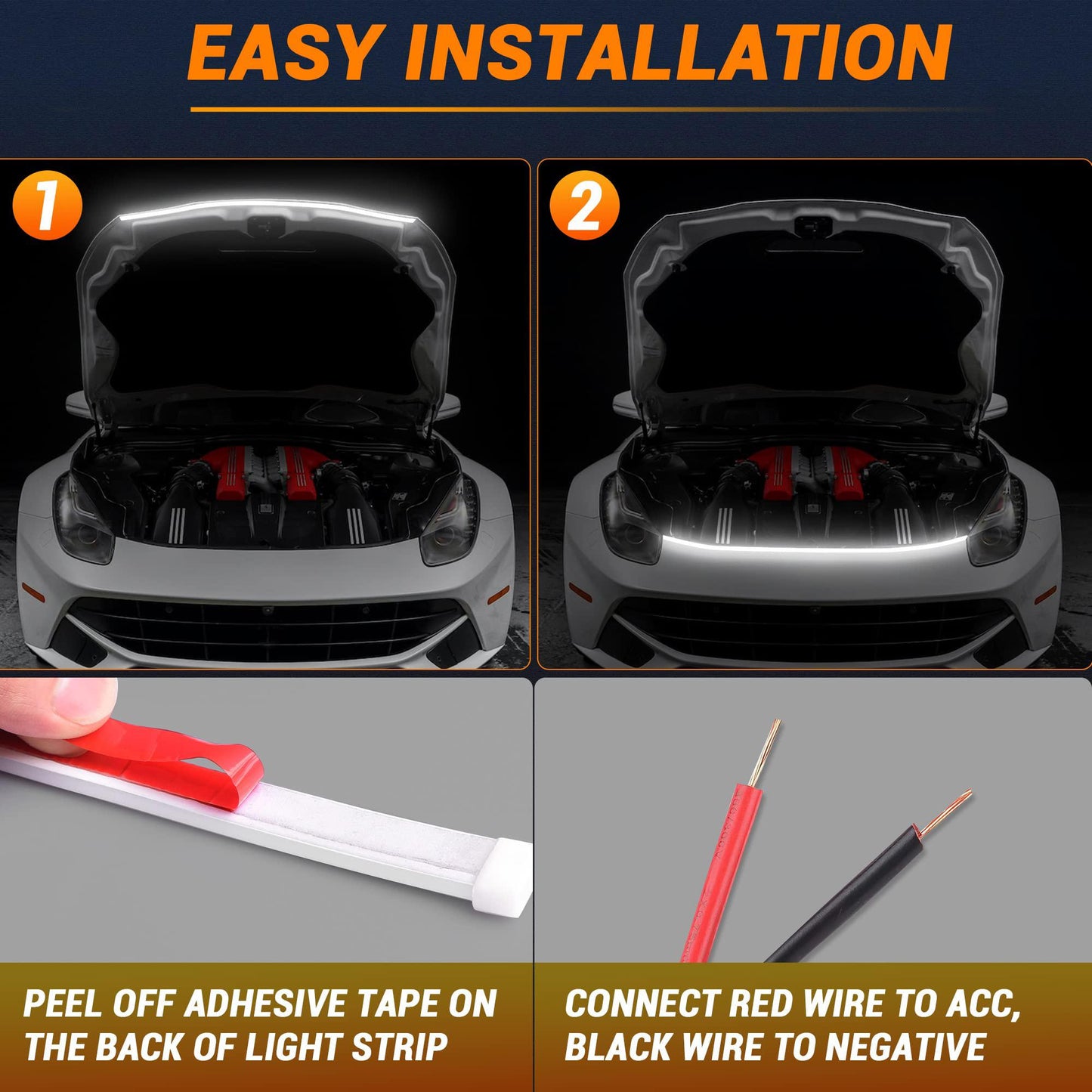71” High Brightness Automotive Hood Gap LED Strip - Ambient Lighting Package with Unique Daytime Running Light Design, Easy Installation, 12V-Ice Blue eclipse led lights