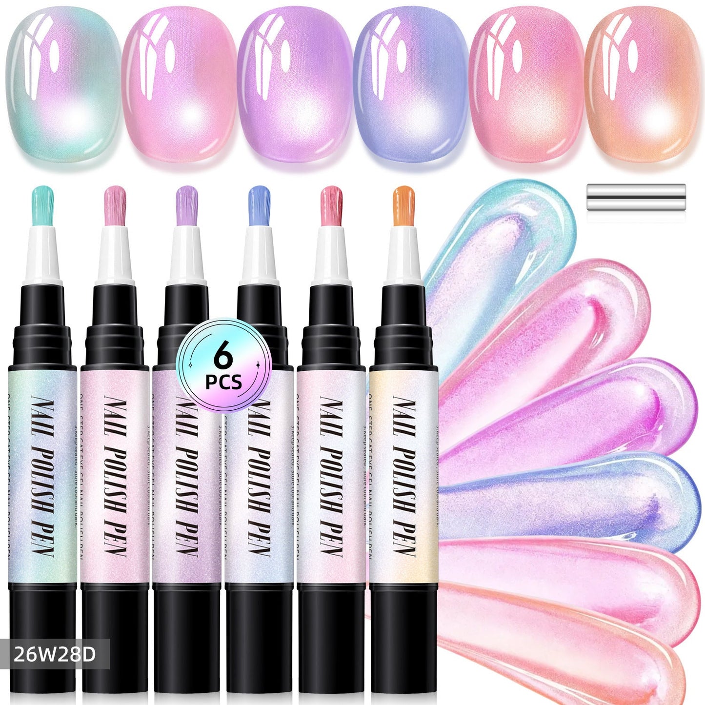 💅6-Piece One-Step Gel Nail Art Pen Set — Cat-Eye & Polarized Glitter, Salon Finish at Home