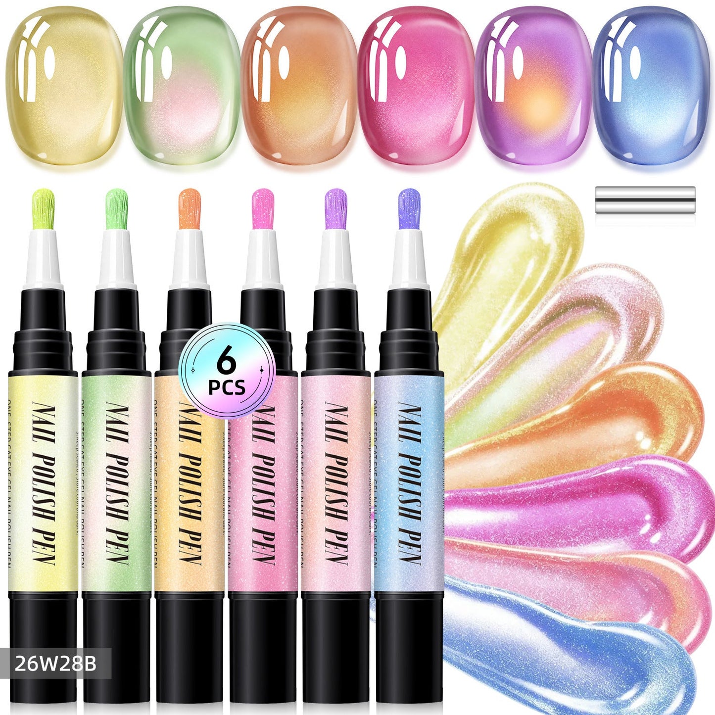 💅6-Piece One-Step Gel Nail Art Pen Set — Cat-Eye & Polarized Glitter, Salon Finish at Home