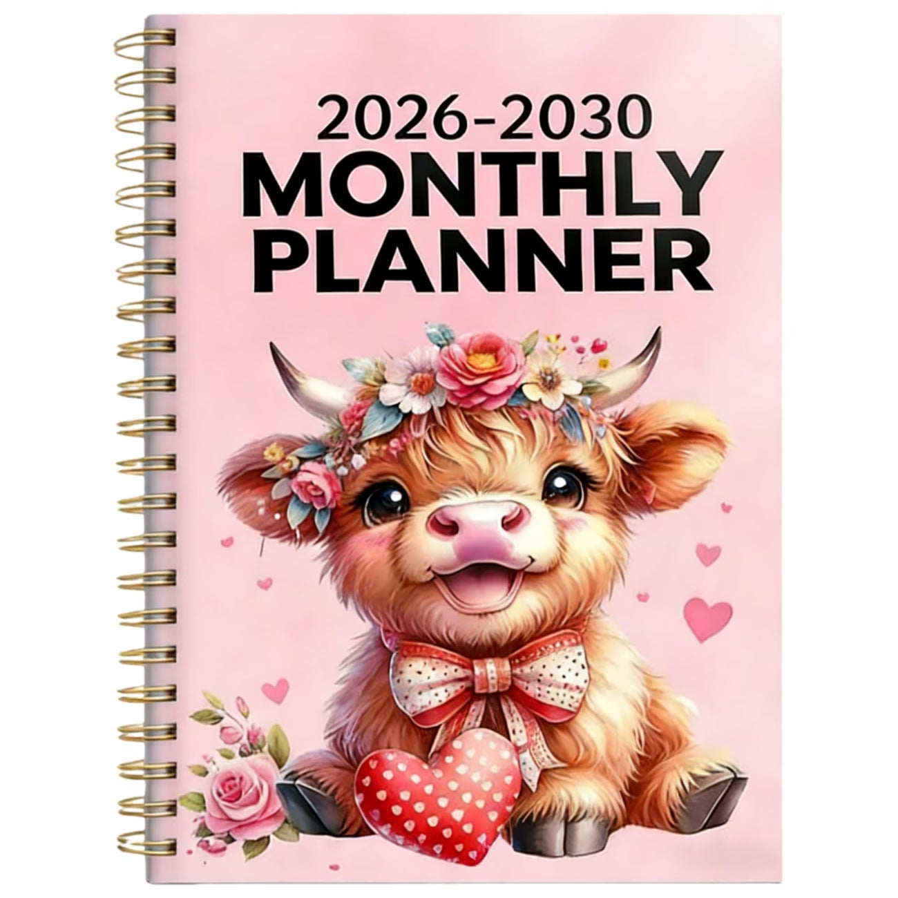 🐮 2026-2030 Calendar 📅  - From January 2026 to December 2030, 5-year calendar, cartoon Highland cow themed cover design, annual calendar planning, month labels, 60-month calendar