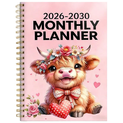 🐮 2026-2030 Calendar 📅  - From January 2026 to December 2030, 5-year calendar, cartoon Highland cow themed cover design, annual calendar planning, month labels, 60-month calendar