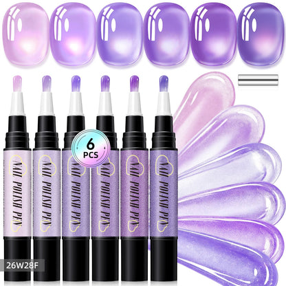 💅6-Piece One-Step Gel Nail Art Pen Set — Cat-Eye & Polarized Glitter, Salon Finish at Home