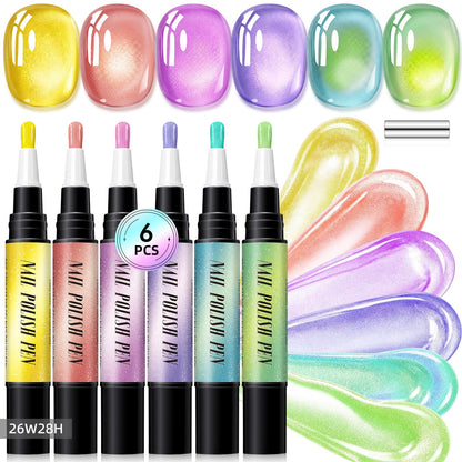 💅6-Piece One-Step Gel Nail Art Pen Set — Cat-Eye & Polarized Glitter, Salon Finish at Home