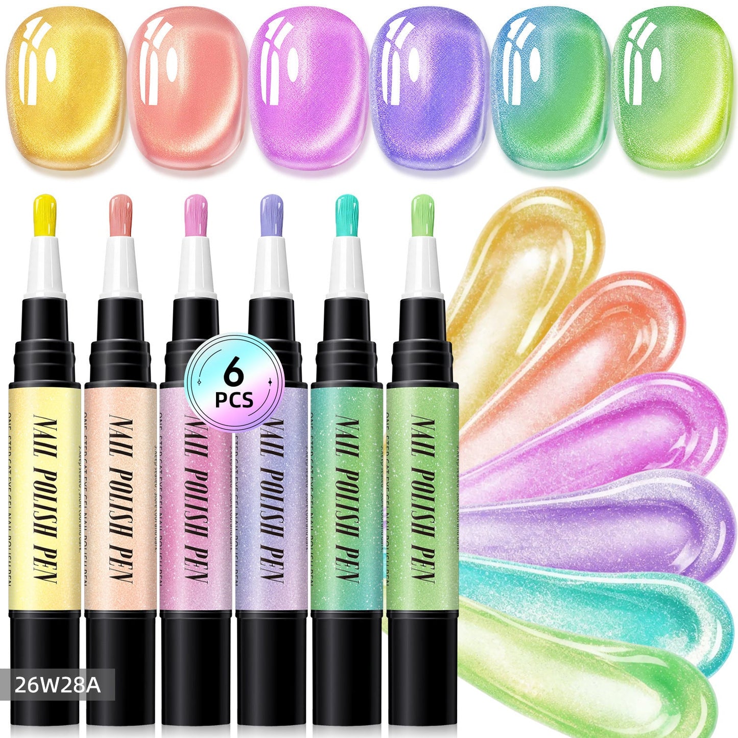 💅6-Piece One-Step Gel Nail Art Pen Set — Cat-Eye & Polarized Glitter, Salon Finish at Home