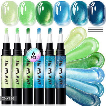 💅6-Piece One-Step Gel Nail Art Pen Set — Cat-Eye & Polarized Glitter, Salon Finish at Home