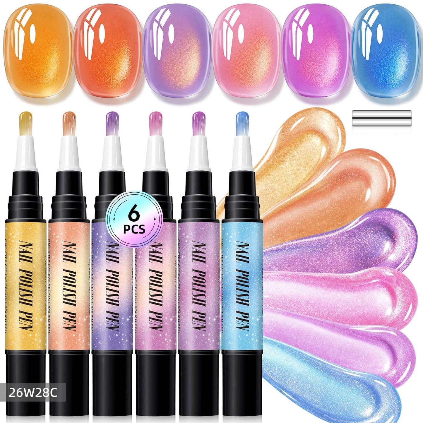 💅6-Piece One-Step Gel Nail Art Pen Set — Cat-Eye & Polarized Glitter, Salon Finish at Home