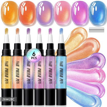 💅6-Piece One-Step Gel Nail Art Pen Set — Cat-Eye & Polarized Glitter, Salon Finish at Home