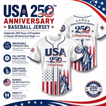 🔥HOT SALE 55% OFF👕USA 250th Anniversary Patriotic Baseball Jersey 1776–2026 4th of July Shirt