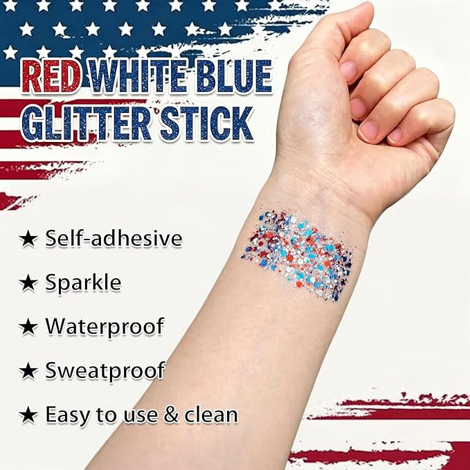 🇺🇸 Patriotic-Themed Body Glitter Sticks Waterproof Red, White & Blue Face & Hair Glitter for Parties, Celebrations & Game Day Looks ✨🎆