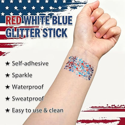 🇺🇸 Patriotic-Themed Body Glitter Sticks Waterproof Red, White & Blue Face & Hair Glitter for Parties, Celebrations & Game Day Looks ✨🎆