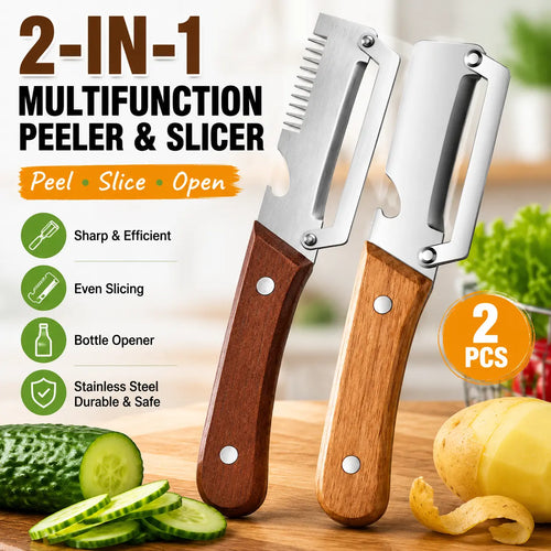 2 PCS Wood Handle Multifunction Kitchen Peeler for Peel, Slice & Bottle Opening