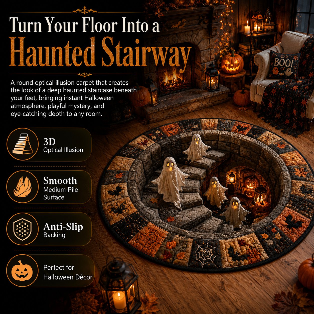 🔥HOT SALE 50%OFF👻3D Haunted Staircase Round Rug – Spooky Halloween Optical Illusion
