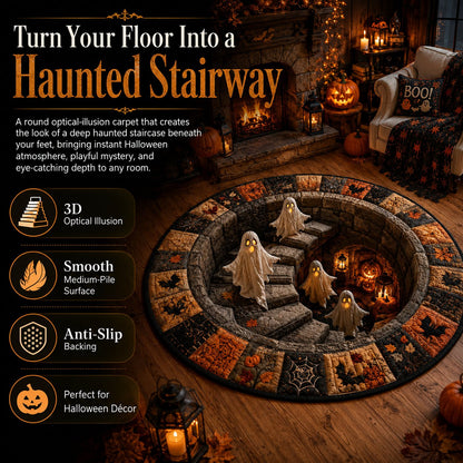 🔥HOT SALE 50%OFF👻3D Haunted Staircase Round Rug – Spooky Halloween Optical Illusion