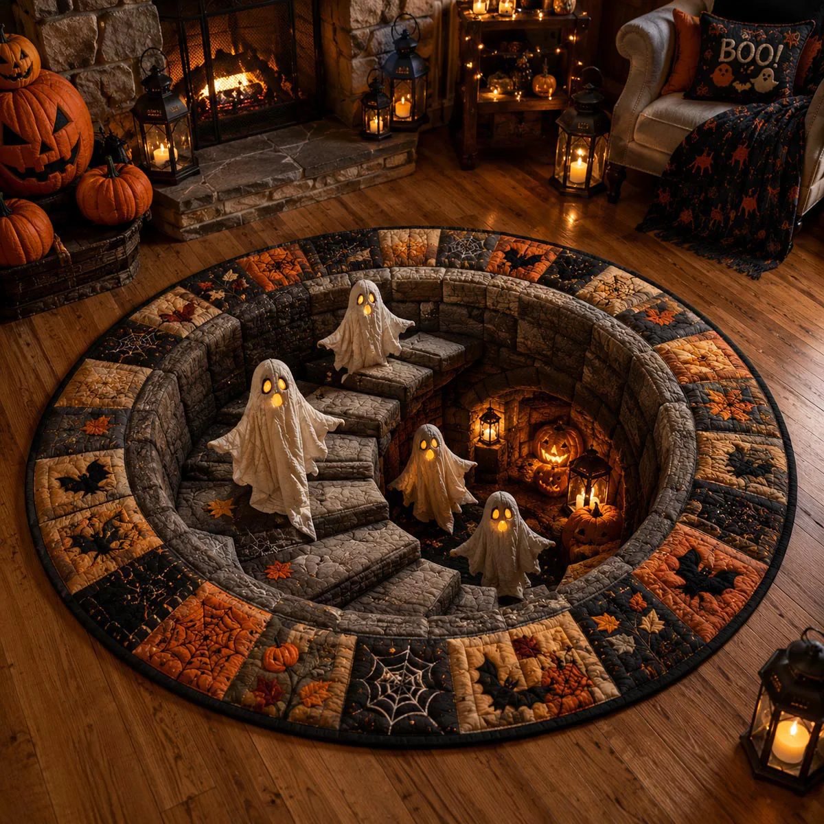 🔥HOT SALE 50%OFF👻3D Haunted Staircase Round Rug – Spooky Halloween Optical Illusion