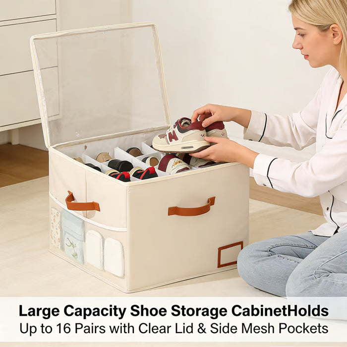 👟Large capacity shoe cabinet storage box Holds Up to 16 Pairs with Clear Lid & Side Mesh Pockets