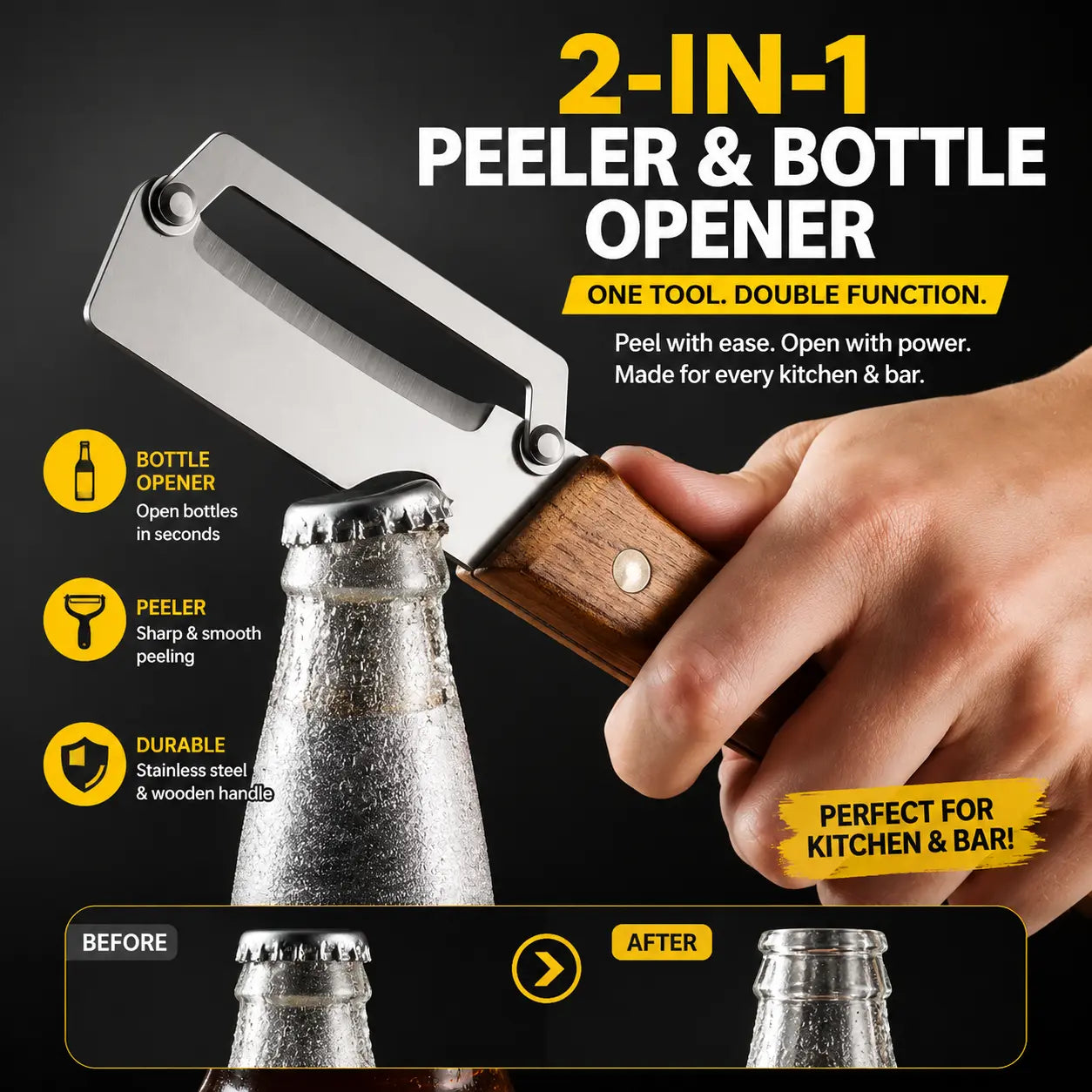2 PCS Wood Handle Multifunction Kitchen Peeler for Peel, Slice & Bottle Opening