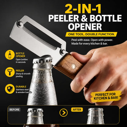2 PCS Wood Handle Multifunction Kitchen Peeler for Peel, Slice & Bottle Opening