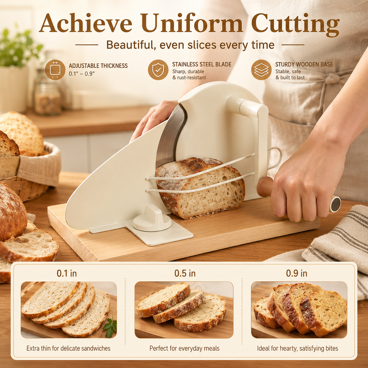 🍞 Adjustable Manual Bread Slicer – Hand Crank Cutter for Sourdough & Homemade Bread