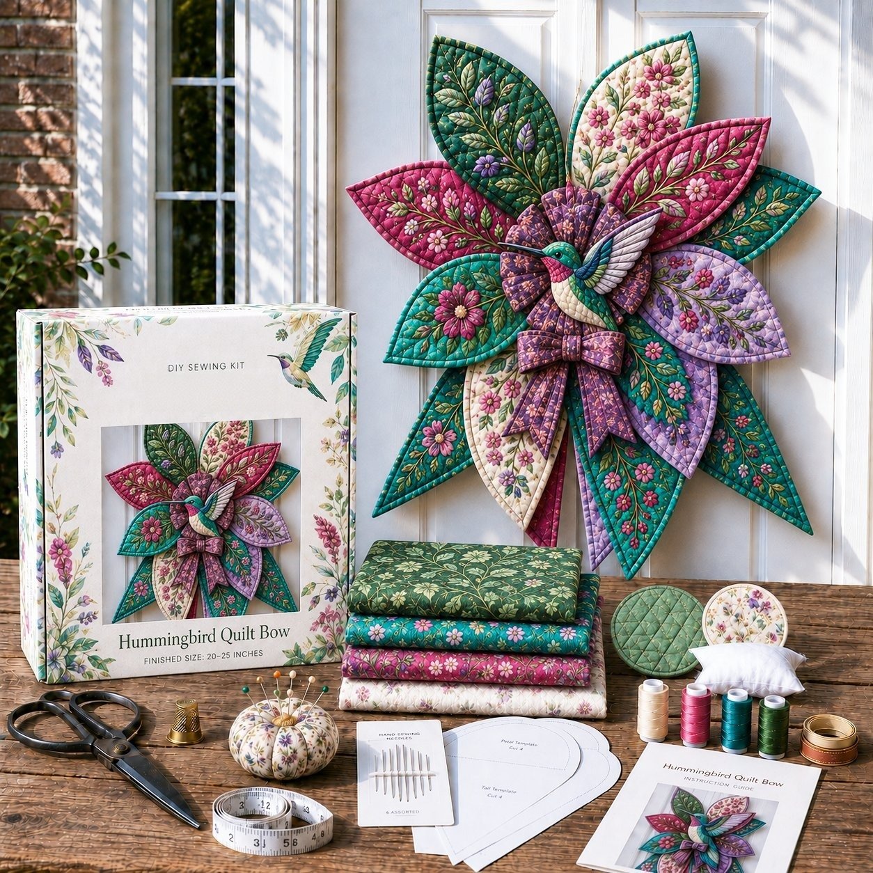 🔥HOT SALE 50% OFF 🎀 Beginner-Friendly Oversized Quilted Bow Sewing Kit | Coordinated Printed Fabrics, Batting, Pre-Designed Templates & Complete Supplies for a Full 23–25 in 3D Statement Bow ✨