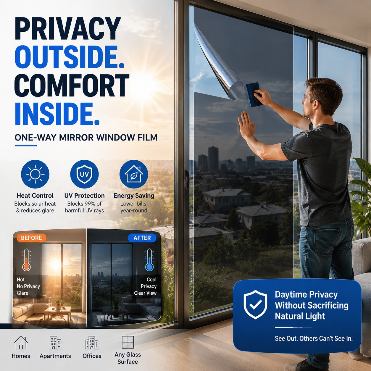 🔥50% OFF TODAY☀️One-Way Mirror Window Film – Heat Control & UV Protection
