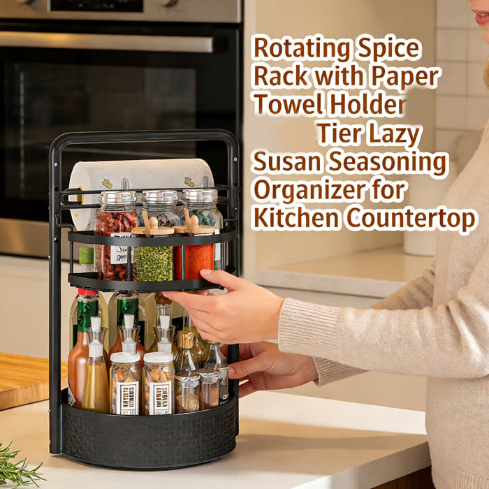 Rotating Spice Rack with Paper Towel Holder🧂🍳 2-Tier Lazy Susan Seasoning Organizer for Kitchen Countertop