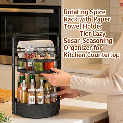 Rotating Spice Rack with Paper Towel Holder🧂🍳 2-Tier Lazy Susan Seasoning Organizer for Kitchen Countertop