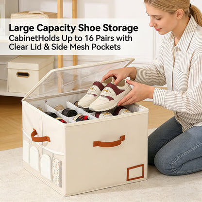 👟Large capacity shoe cabinet storage box Holds Up to 16 Pairs with Clear Lid & Side Mesh Pockets