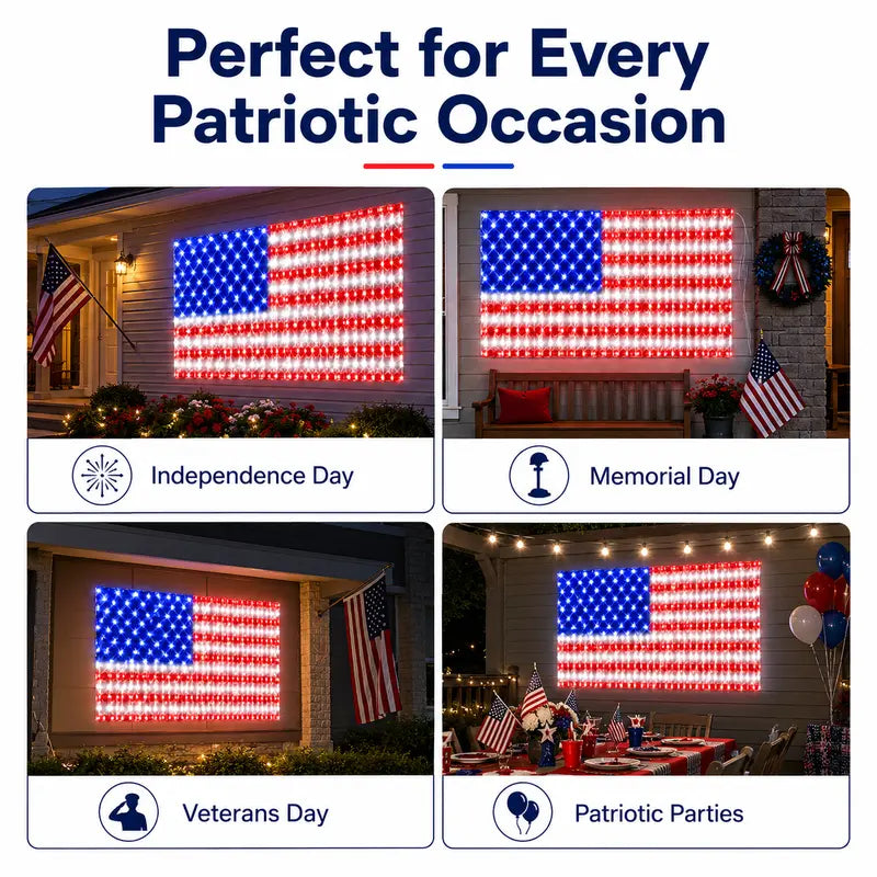 🔥HOT SALE 50% OFF🎆🇺🇸 Solar American Flag Lights Outdoor American Flag Net Lights 6.5ft x 3.28ft Super Bright